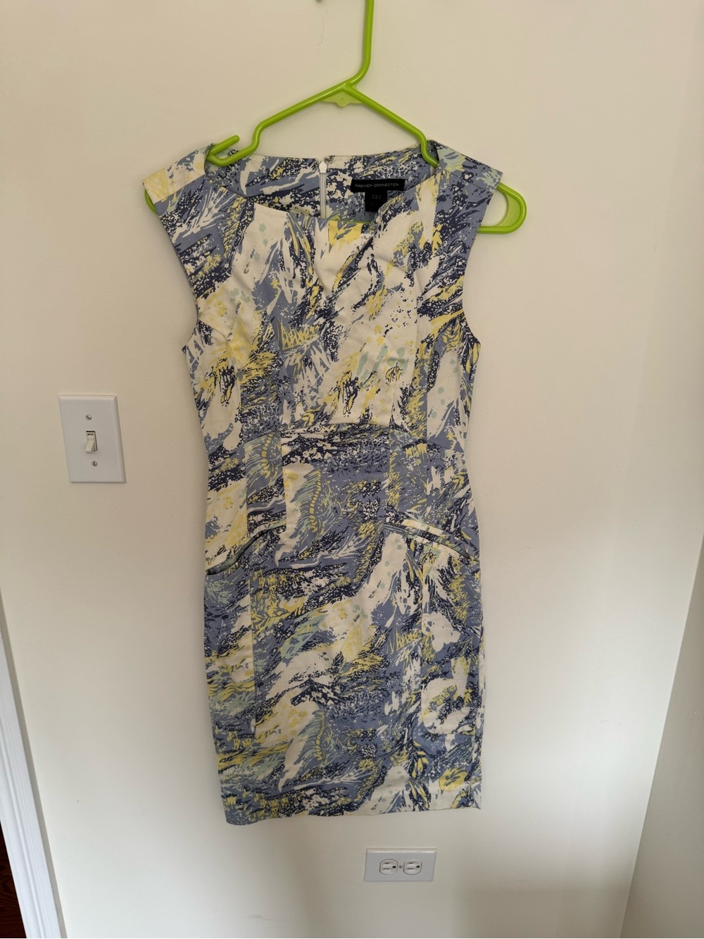 French Connection Abstract Print Midi Sheath Dress in Blue & Yellow